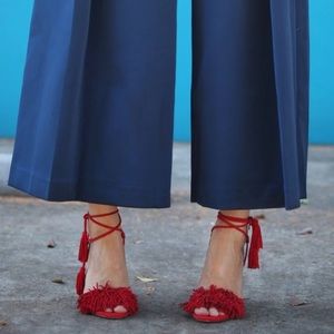 Aquazzura Red Fringe Tassel Lace-Up Sandals